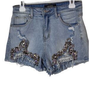Akira Label Glamorous Life Rhinestone Jean Shorts High Cut , Glam, Fringe Size M